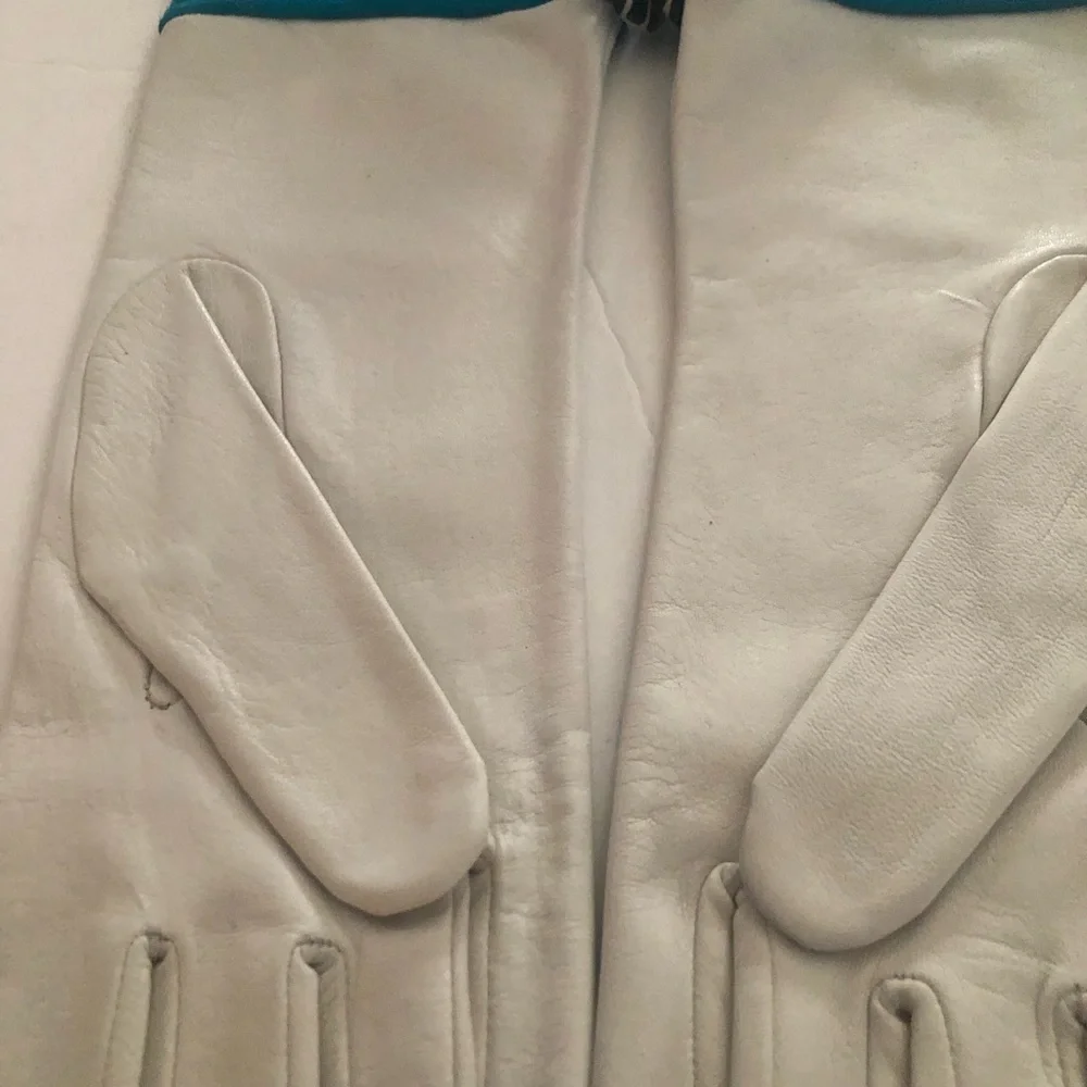 Vintage Glitz 15in 100% Capeskin Leather And Silk White &Teal Gloves 8/ XL